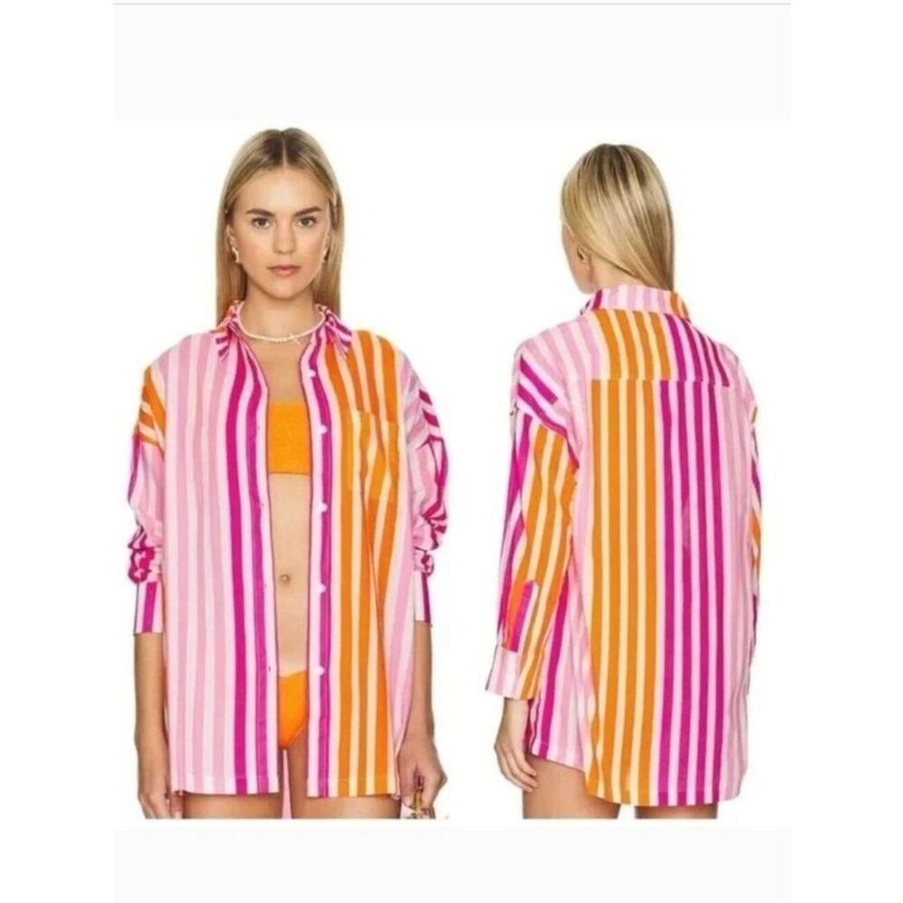 Beach Riot Alexa Sunset Stripes Button Down Shirt Coverup Large